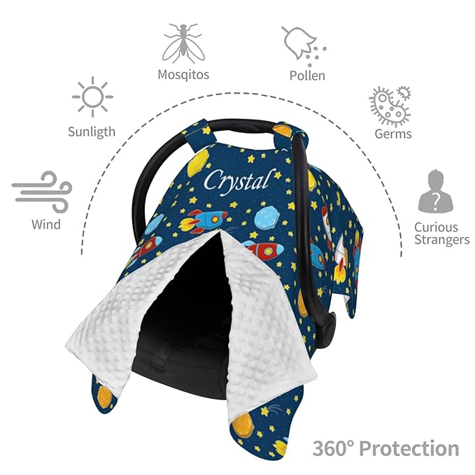 Personalized Baby Car Seat Canopy for Babies with Name, Custom Rocket Stroller Car Seat Covers for Boys Girls, Nursing Carseat Cover for Breastfeeding, Car Seat Canopies for Infant Newborn