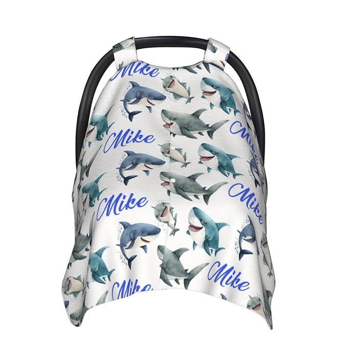 Personalized Baby Car Seat Canopy for Babies with Name, Custom Car Seat Covers for Boys Girls, Infant Opening Minky Nursing Breastfeeding Stroller Cover Carseat Canopies for Newborn (Shark)