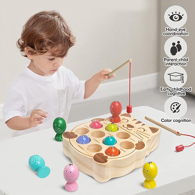 Fishing Game for Kids 3-5,Wooden Montessori Preschool Education Learning Hand-Eye Cognition & Fine Motor Skill Color Sorting Magnetic Fishing Toys Easter Basket Stuffers Gifts for Boys Girls