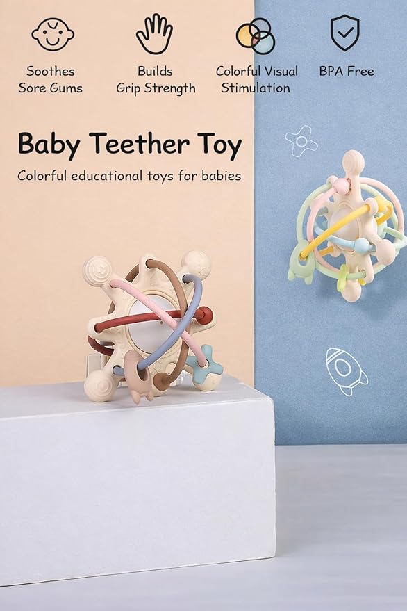 Cosmo Silicone Baby Rattle Teether – Pastel | BPA-Free 3D Sensory Teething Toy | Multi-Textured Chewable Arms & Pullable Rings | Food Grade Silicone | Developmental Grip Toy 3-36 Months