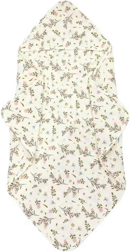 Cinaci 1pc Soft & Absorbent 100% Muslin Cotton Baby Hooded Bath Towel for Baby Girls Boys Newborns Infants Toddlers Kids (Floral Cream)