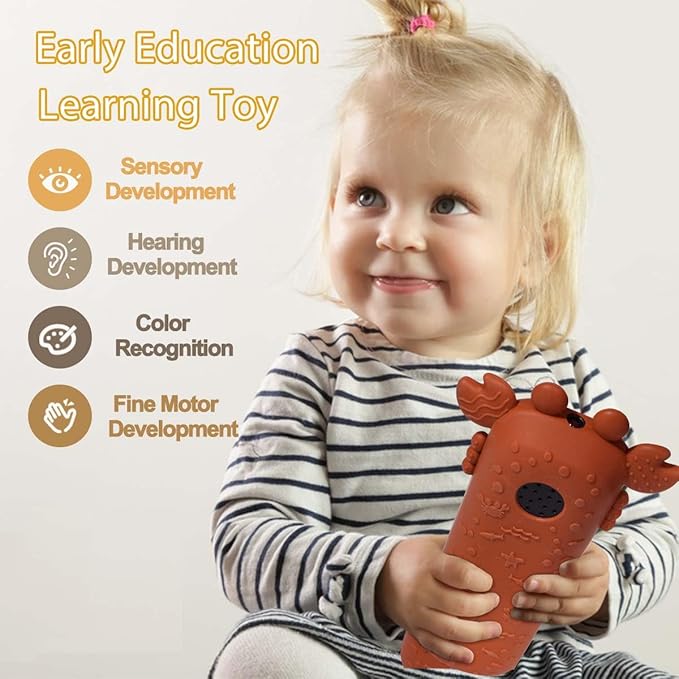 Baby TV Remote Control Toy with Cute Crab Soft Silicone Cover Teething Toy, Realistic Baby Musical Remote Control Toy with Light ＆ Sound, Educational Toys with 3 Language for 6m+Toddlers