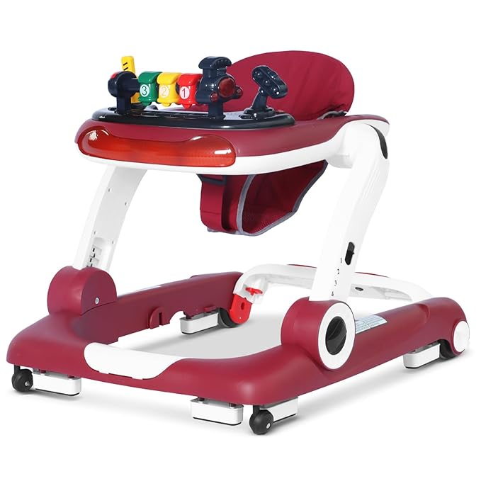 Music and Lights Baby Walker with Wheels, 6 in 1 Baby Activity Center w/Ergonomic backrest Design, Baby Walkers for Boys w/Foot Pads, Music Bouncer Walkers for Boys Girls Babies 6-18 Months, Red
