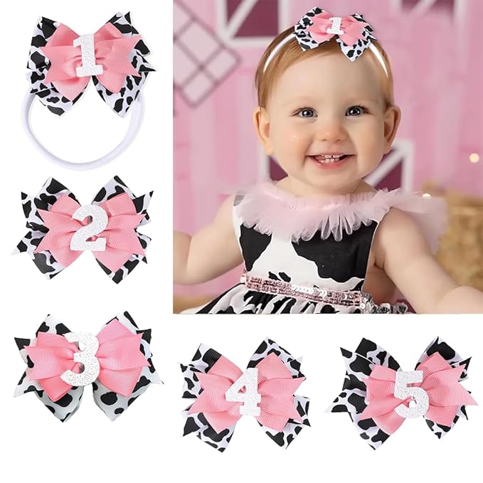 Birthday Hair Bow for Baby Girls - 2Pc Pink Sprinkle Hair Clips for 2nd Birthday Glitter Ice Cream Baby Bow Party Decorations for Girls Toddlers Hair Accessories (Cow Print -1 Year)