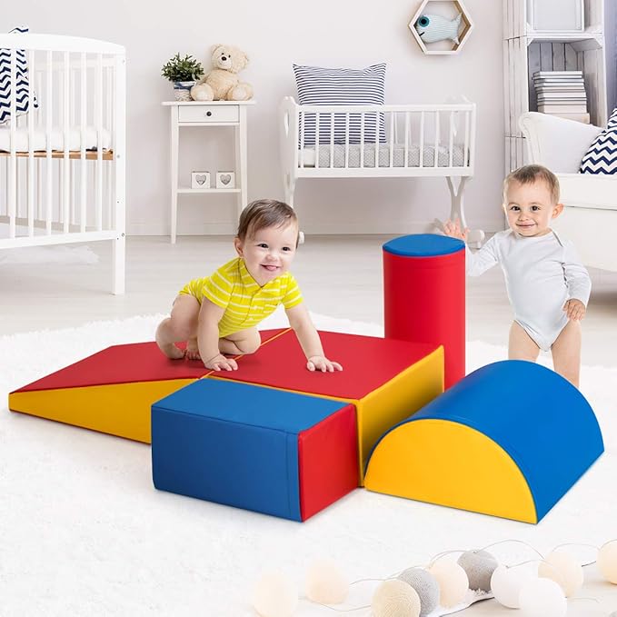 Costzon Crawl and Climb Play Set, Colorful 5 Piece Lightweight Foam Shape for Climbing, Crawling & Sliding, Safe Soft Block for Preschoolers, Baby, Kids (Ruby Red)