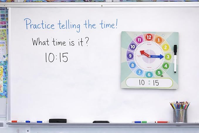 Kids Teaching Clock with Moveable Arms, Dry Erase Surface, Magnetic Hanging Strips, Educational Learning Tool for Time-Telling Skills. Perfect for Classrooms and Homes