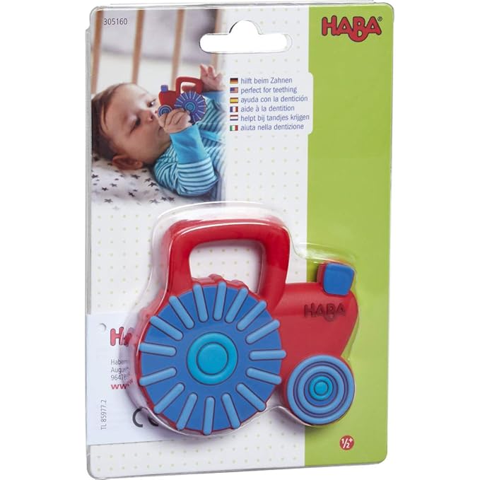 HABA Tractor Silicone Teethers for Babies 6-18 Months - Farm Themed Silicone Teether Ring and Tractor Grasping Toy for Safe Sensory Development - Dishwasher Safe Baby Essentials