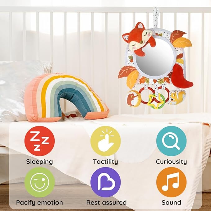 Caterbee Baby Activity Hanging Toy with in-Sight Car Mirror for car seat, Stroller, Crib and Tummy time (Fox)
