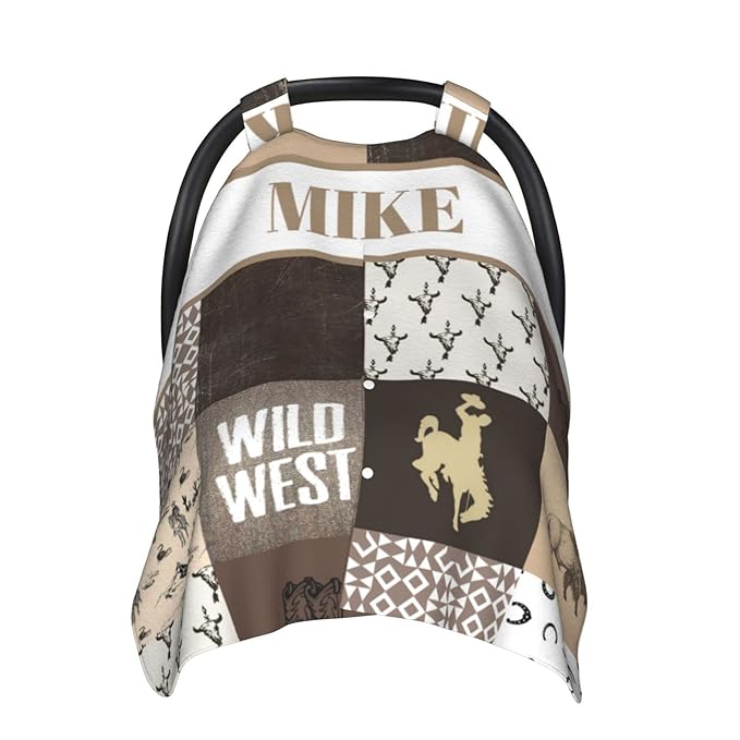 Personalized Baby Car Seat Canopy for Babies, Custom Name Car Seat Covers for Boys, Opening Minky Nursing Breastfeeding Cover for Infant, Carseat Canopies for Newborn (Western Cowboy)