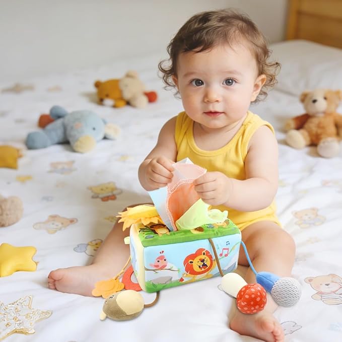 Caterbee Baby Sensory Tissue Box Toy with Hanging Hook – Pull Out Fabric Tissues, Rattle & Teether, Montessori Stroller & Car Seat Toy for Infants (Forest)