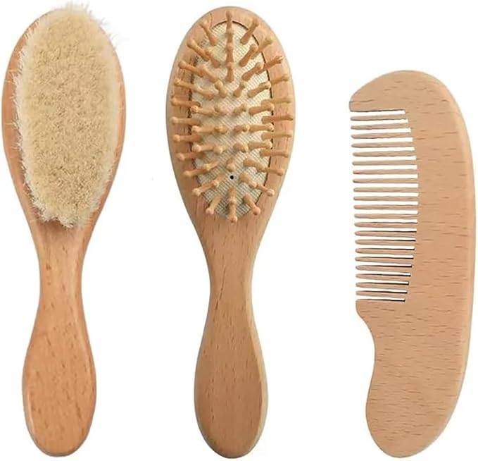 Personalized Baby Hair Brush and Comb Set for Newborn, Custom Wooden Toddler Hair Brush Set with Soft Goat Bristle,Includes Baby Comb, Air Cushion Brush, and Soft Bristle Brush, Birthday Flowers
