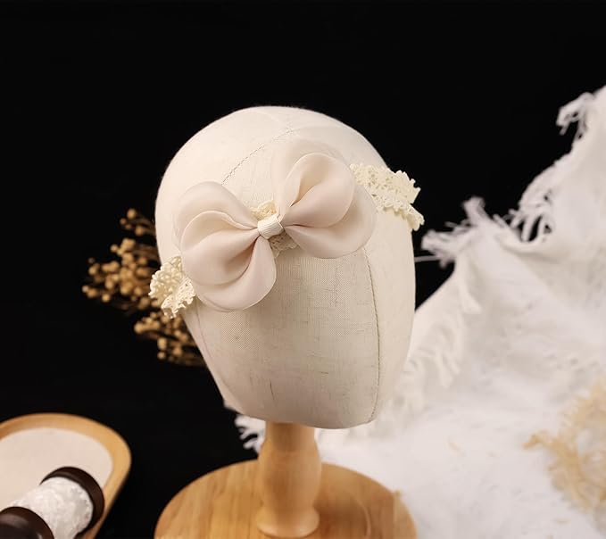 Cute Lace Bow Baby Girls Headbands Large Knot Hair Band Soft Chiffon Hairband Elastic Shower Hair Accessories for Newborn Infant Toddler Kids (Off White C, Elastic)