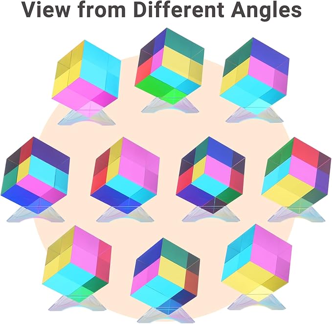 iKeelo Color Cube (80mm) with Stand - Mega Cube in Cyan, Magenta and Yellow - Mesmerizing Acrylic Prism for Desk Decor, A Fun Conversation Starter