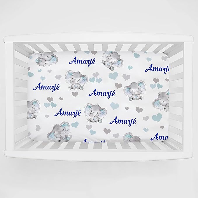 Personalized Pack 'n Play Sheets - Custom Baby Mini Crib Sheets for Boys, Soft & Breathable Elephant Blue Fitted Sheet