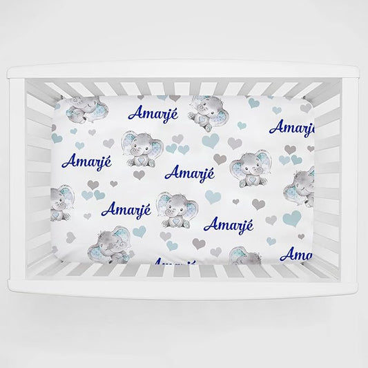 Personalized Pack 'n Play Sheets - Custom Baby Mini Crib Sheets for Boys, Soft & Breathable Elephant Blue Fitted Sheet