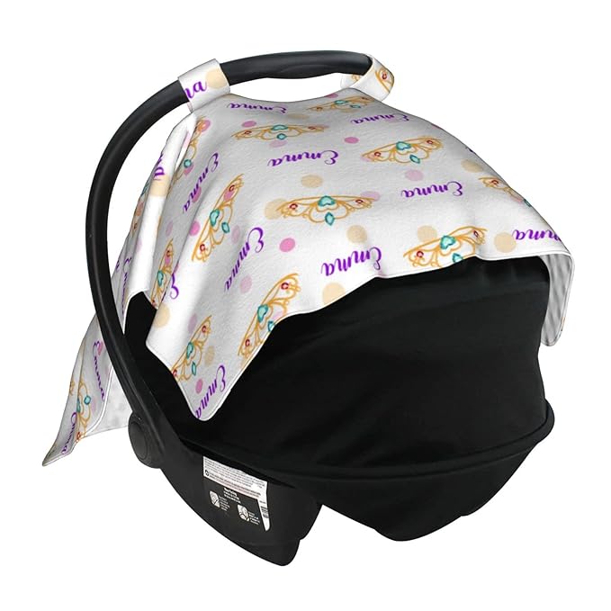Personalized Girl Crown Tiara Baby Car Seat Canopy for Babies with Name, Custom Car Seat Covers for Girls, Peekaboo Opening Minky Nursing Cover Infant Car Seat Canopies for Newborn