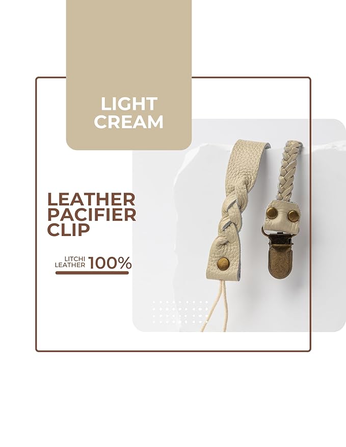 Little Bug Boutique 2-Pack Leather Baby Pacifier Clips - Neutral Pacifier Holders for Baby Girls & Boys, Paci & Binky Clips or Strap for Toys & Teethers (Light Cream), Pacifier NOT Included