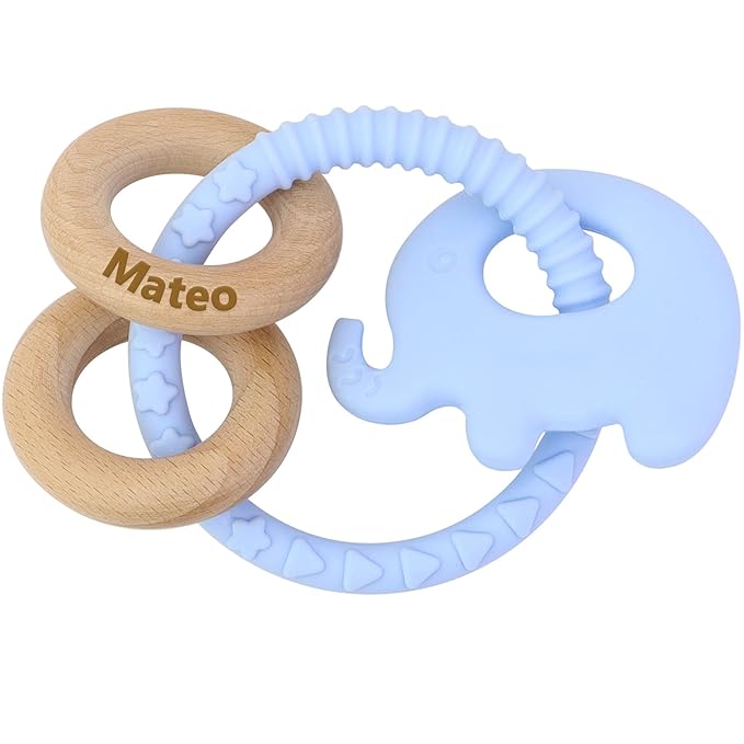 Baby Teether Toys with Name, Personalized Silicone Rattle, 0-3 Months Custom Teething Ring Toy for Babies and Raised Texture to Soothe Gums