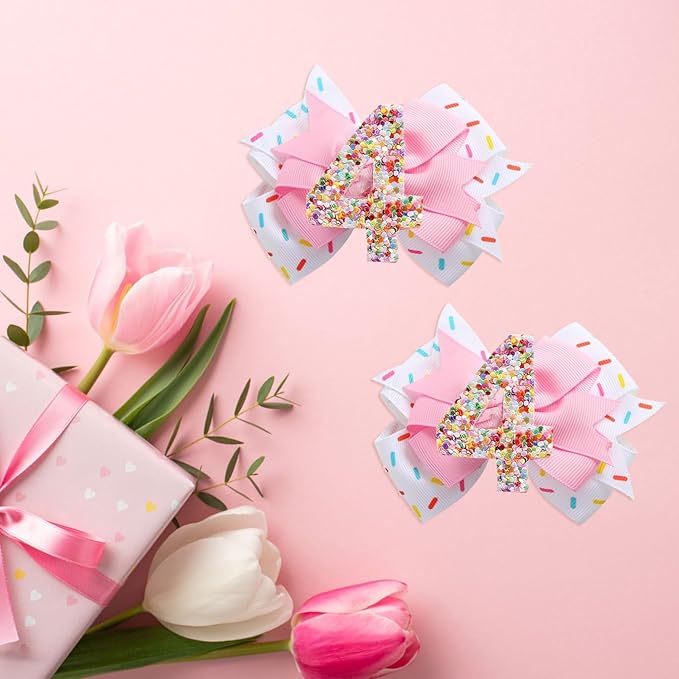 Birthday Hair Clips for Baby Girls - 2Pc Pink Sprinkle Bow Hair Clips for 4th Birthday Glitter Ice Cream Baby Bow Party Decorations for Girls Toddlers Hair Accessories (Pink-4 Years)