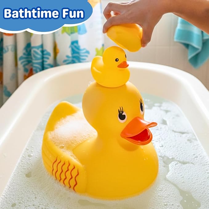 ArtCreativity 10" Jumbo Rubber Duck Bath Toy - 10 Inch Big Large Rubber Duck with 2 Mini Duckies - Classic Yellow Giant Ducky - Bath Toys for Kids