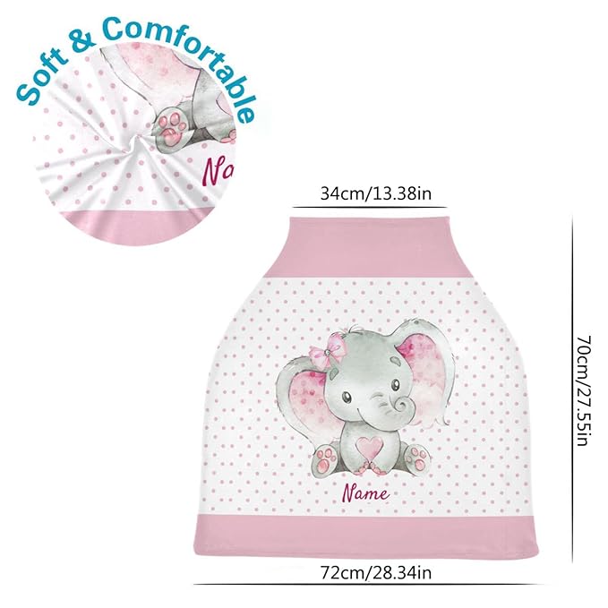 Personalized Baby Name Car Seat Covers for Girls, Customized Cute Elephant Infant Stroller Canopy, Babies Nursing Covers Breastfeeding Scarf Shopping Cart Cover