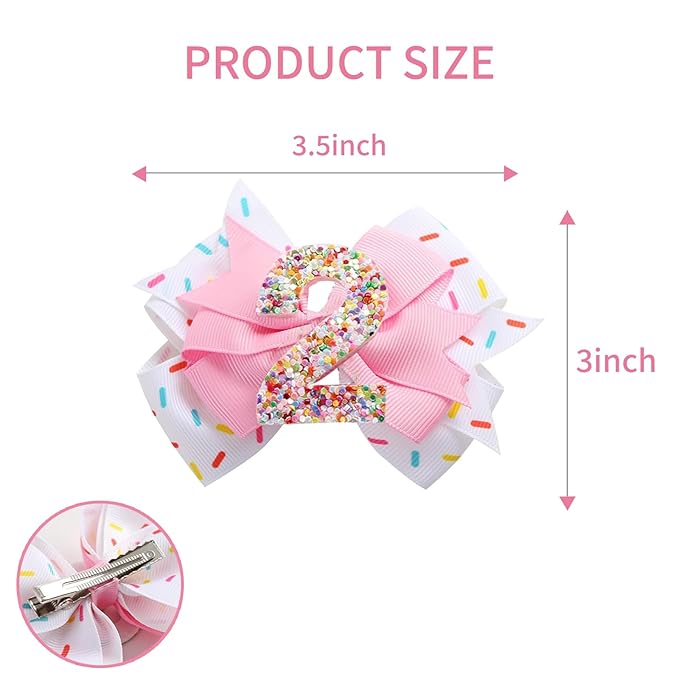 Birthday Hair Clips for Baby Girls - 2Pc Pink Sprinkle Bow Hair Clips for 2nd Birthday Glitter Ice Cream Baby Bow Party Decorations for Girls Toddlers Hair Accessories (Pink-2 Years)