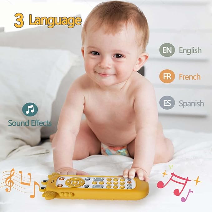 Baby TV Remote Control Toy with Cute Crab Soft Silicone Cover Teething Toy, Realistic Baby Musical Remote Control Toy with Light ＆ Sound, Educational Toys with 3 Language for 6m+Toddlers