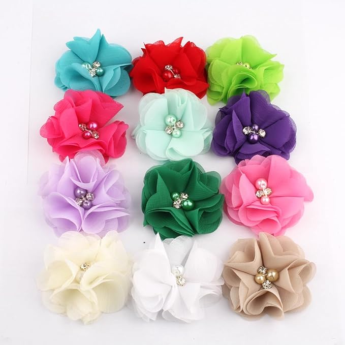 50 Pcs 2" Mini Chiffon Flowers with Rhinestones for Baby Girls Hair Accessories Artificial Fabric Flowers for Headbands Craft Projects (Dusty Pink)