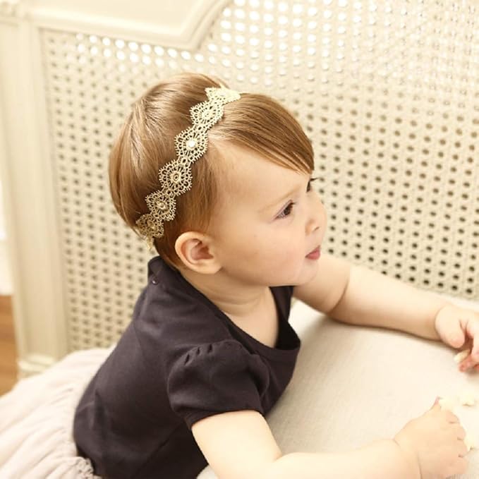 Hapibuy Gold Lace Flower Rhinestone Design Headpiece For Lovely Baby Princess Girls Hand Sewing Beads Hair Accessories Toddlers Headwrap for baby Girl