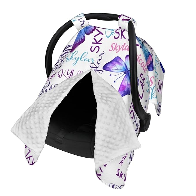 Personalized Baby Car Seat Canopy for Babies with Name, Custom Butterfly Purple Stroller Car Seat Covers for Girls, Minky Nursing Carseat Cover for Breastfeeding, Car Seat Canopies for Infant Newborn