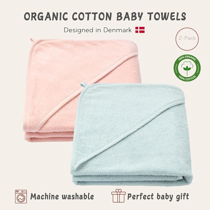 Hooded Baby Towels - 100% Organic Cotton Baby Bath Towels, 32" x 32" Super-Soft and Absorbent Baby Towels for Newborn 2-Pack (Blush/Baby Blue)