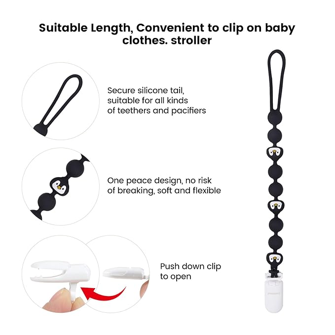 Cute Animal Baby Food Grade Silicone Teether Toy with One Piece Design Pacifier Clip Holder,Teething Pain Relief Toys Gift Set for 3 Months+ Boys and Girls,Freezer Safe,BPA Free (Penguin)