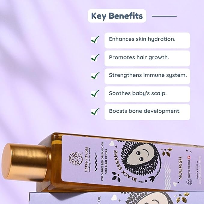 Little Rituals Black Sesame - Baby Massage Oil Certified Organic, Wood Cold-Pressed for Skin and Hair with Swiss Plant Actives - Dermatologist Tested by Pediatrics, Mild & Gentle & Safe (100 ML)