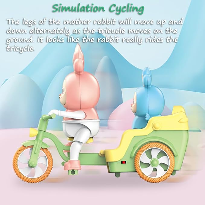 Miracland Tricycle-Riding Rabbit Musical Toy, Adorable Baby and Mom Rabbit Toy, Electric Tricycle Toy with Simulated Cycling Movement, Cool Lights and Joyful Music (Blue)