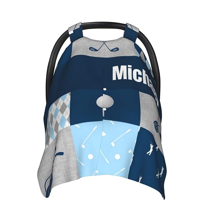 Personalized Baby Car Seat Canopy for Babies with Name, Custom Car Seat Covers for Boys, Infant Opening Minky Nursing Breastfeeding Stroller Cover Carseat Canopies for Newborn (Golf Theme)