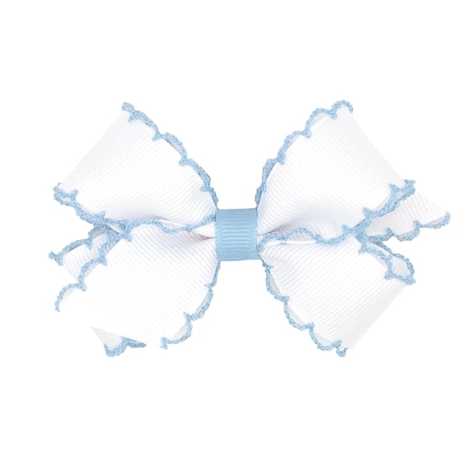 Wee Ones Girls' Classic Grosgrain Moonstitch Edge Hair Bow, No-Slip Hair Clip, Handmade, White with Millennium Blue, Mini