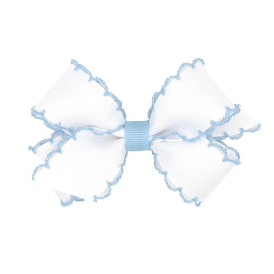 Wee Ones Girls' Classic Grosgrain Moonstitch Edge Hair Bow, No-Slip Hair Clip, Handmade, White with Millennium Blue, Mini