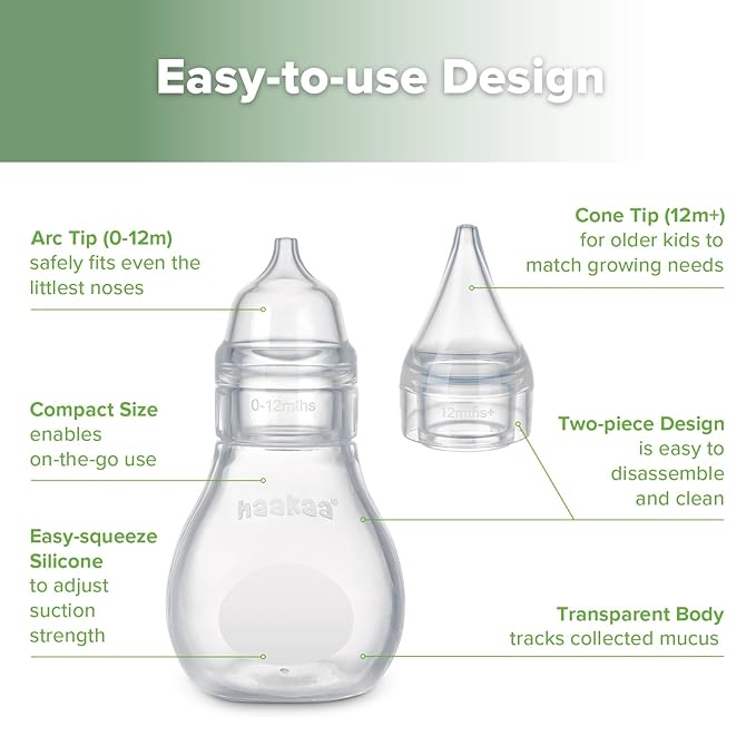 Haakaa Silicone Baby Nasal Aspirator | Nose Bulb Syringe | Easy-Squeezy Baby Nose Cleaner, 0m+ Newborn Infant &Toddler - BPA Free Silicone-2 Tips