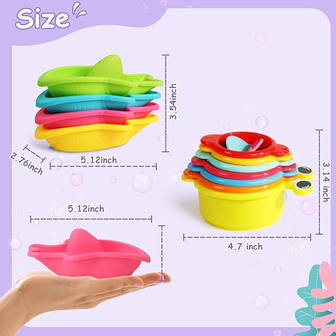 Zeewoo Baby Bath Toys for Kids Ages 1-3 Toddler Bath Toys Mold Free Bathtub Toys for 12+ Months Pool Water Table Beach Sand Toys Stacking Cups Floating Boats for 1+ Years Old Girls Boys Gifts 11 PCS