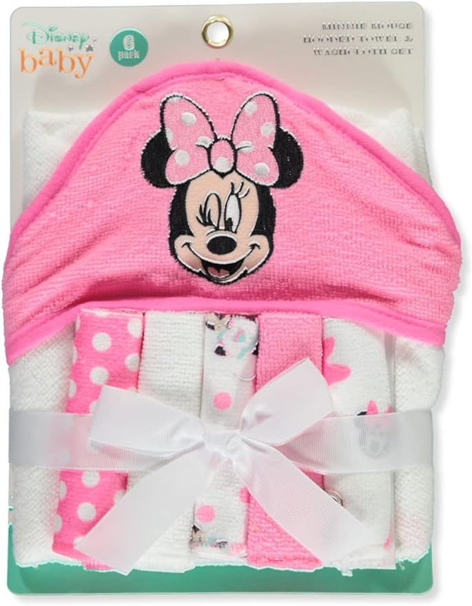 Cudlie Accessories Disney Baby Minnie Mouse Hooded Towel with 5 Piece Washcloth Set, Cute Face Print, GS71797 Pink One Size
