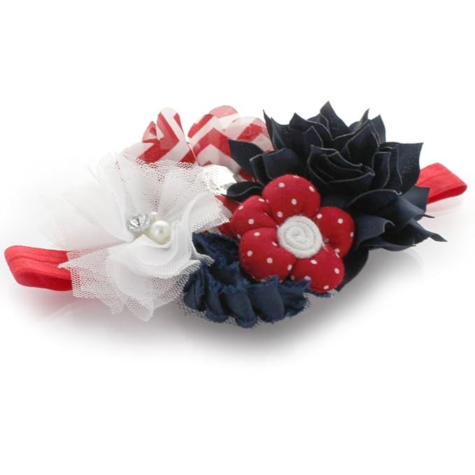My Lello Headband Shabby Fabric Flower Cluster Baby - Infant - Toddler - Girl Stretchy Elastic Navy/Red Chevron
