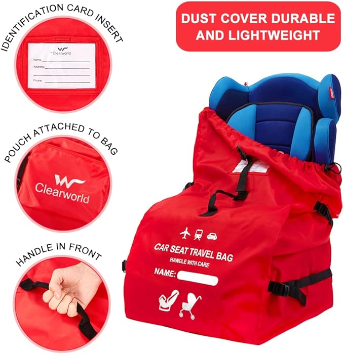 Clearworld Car Seat Travel Bag for Air Travel, Durable Gate Check Bag for Airport,Foldable Baby Stroller Travel Carry Bag, Fits Car Seats, Infant Carriers & Booster,Universal Size Red