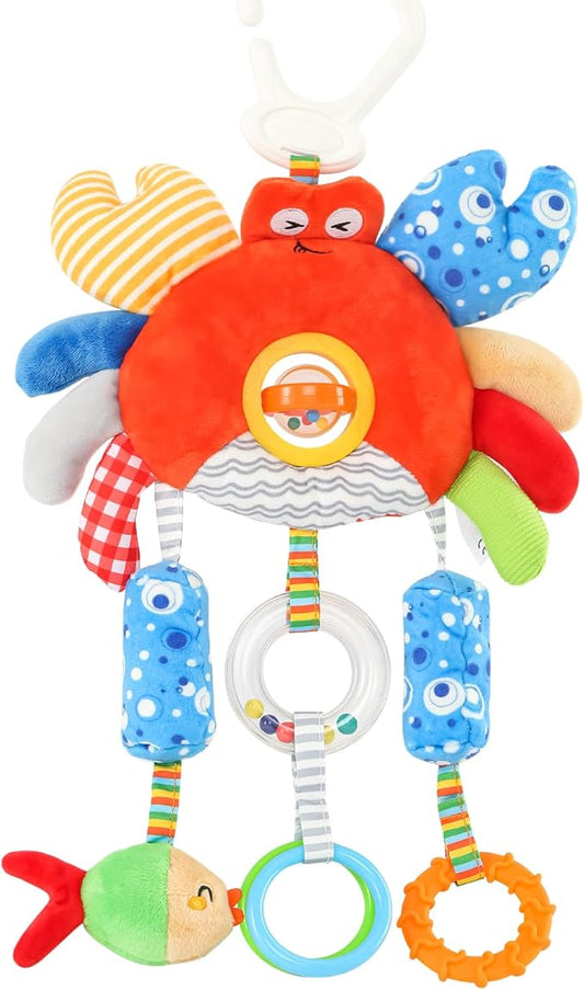 Roadtrip Car Seat Toys for Baby 6-12 Months, Infant Travel Sensory Toys with Clip, Soft Montessori Hanging Plush Toys Wind Chime, Teether, Rattle, Squeaky for Newborn Boy Girl Gifts
