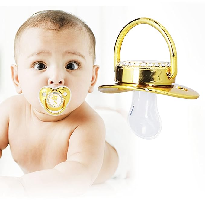 Personalized Golden Letter Baby Pacifier with Bling Design, Clips, Anti-Dust Cover for Newborn Photography, Size S