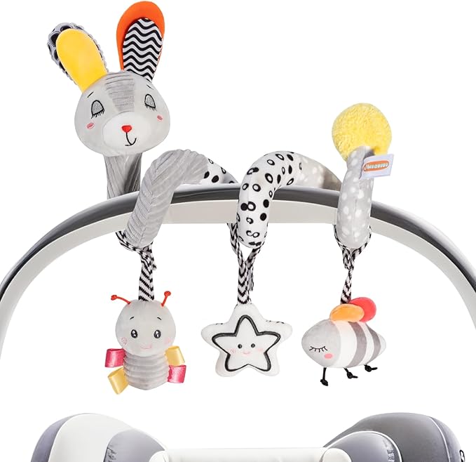 Baby Spiral Activity Toy, Stroller & Car Seat Hanging Toy for 0-12 Months, High Contrast Newborn Sensory Toy with Rattle & Crinkle Paper, Infant Travel Plush Toy for Crib Bassinet