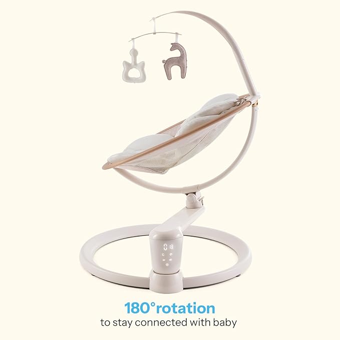 HARPPA Weddell Signature Baby Electric Swing for Newborns and Infants, Elevated Eye-Level Seat, 180° Rotation with Dual Motion, 5-Point Harness, 5 Speeds & Remote Control, Beige