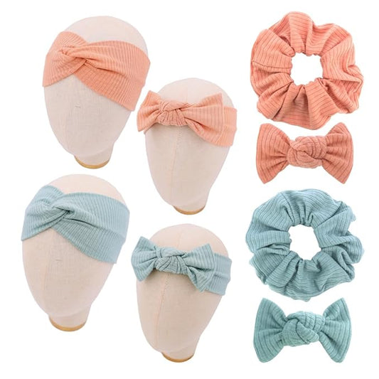 Sugarmelon Mommy and Me Headband Set Mother Baby Matching Turban Headbands for Toddler Baby Girls Women Scrunchies Hair Bow Hairbands (Peach/Celadon)