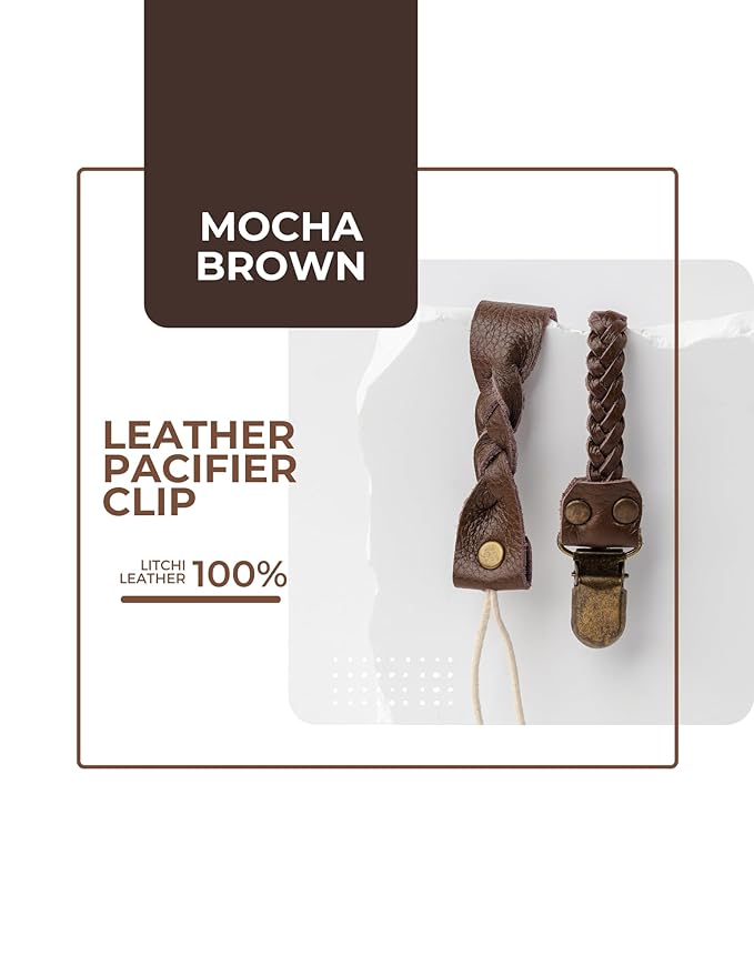 Little Bug Boutique 2-Pack Leather Baby Pacifier Clips - Neutral Pacifier Holders for Baby Girls & Boys, Paci & Binky Clips or Strap for Toys & Teethers (Mocha Brown), Pacifier NOT Included