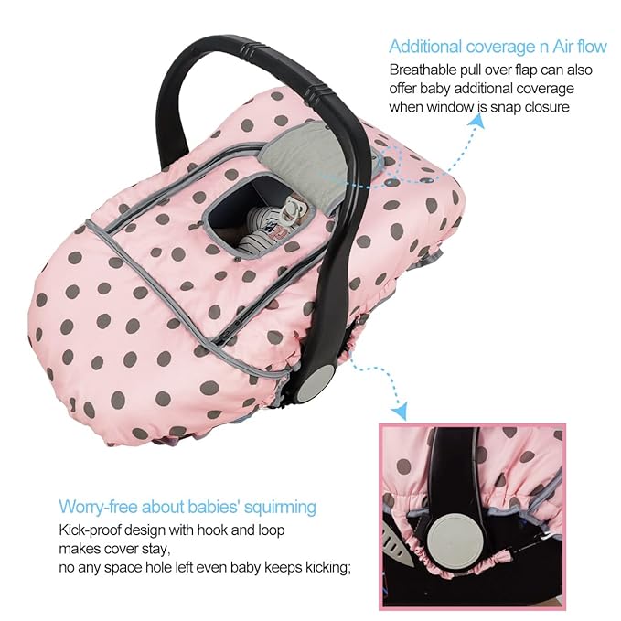 Carseat Cover Girls, Winter Baby car seat Covers for Infant car seat, Baby Carrier Cover Canopy, Window in Door Zipper Open, Thick Padded, Pink dots;