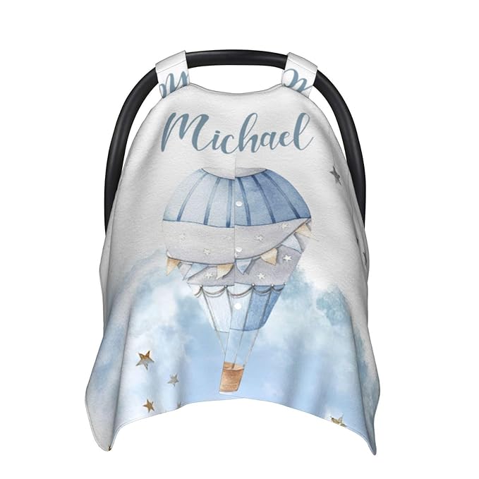 Custom Baby Car Seat Cover with Name – Personalized Hot Air Balloon Nursing Cover, Infant Carseat Canopy, Shopping Cart Cover – Soft, Breathable & Warm – Ideal Shower Gift for Baby Boys & Girls
